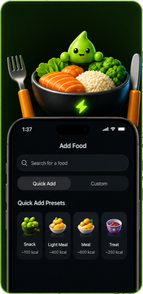 Energy Bank Add Food iPhone screen with Energy Buddy and a food bowl