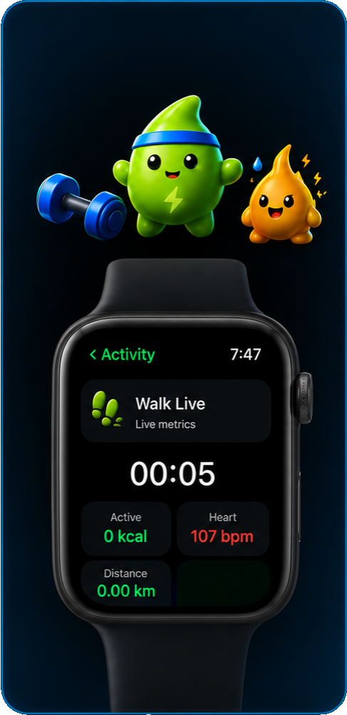 Energy Bank Apple Watch activity screen with Energy Buddy and Fat Drop